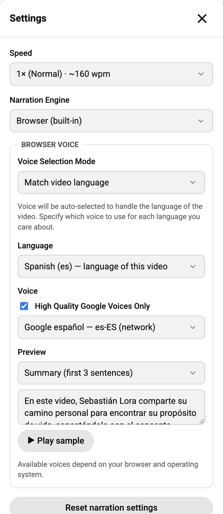 The 10xTube settings panel: Speed, Narration Engine set to Browser (built-in), Voice Selection Mode set to Match video language, a Language picker showing 'Spanish (es) — language of this video', a Voice picker with a Spanish voice, a preview of the Spanish summary text with a Play sample button, and a Reset narration settings button.